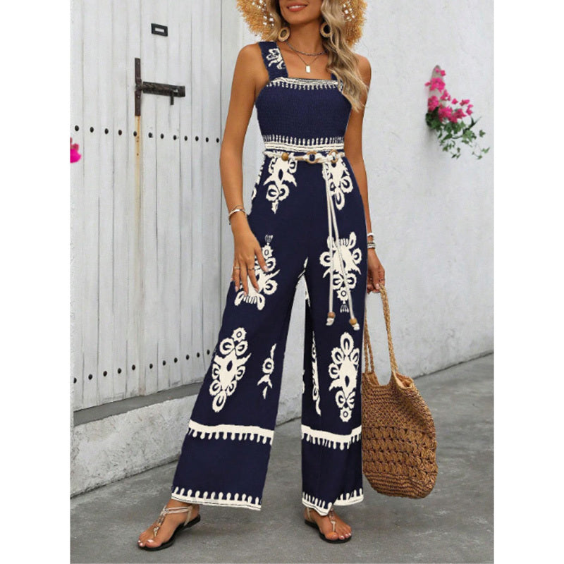 Women's Summer Boho Jumpsuits One Piece Beach Vacation Outfits Shirred Strap Wide Leg Pants Rompers With Pockets - kinko