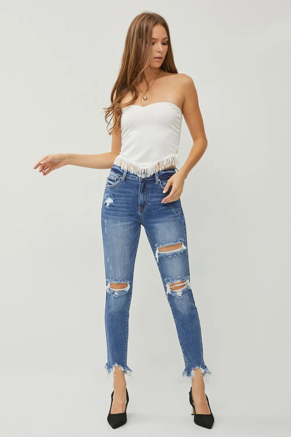 RISEN Distressed Frayed Hem Slim Jeans - kinko