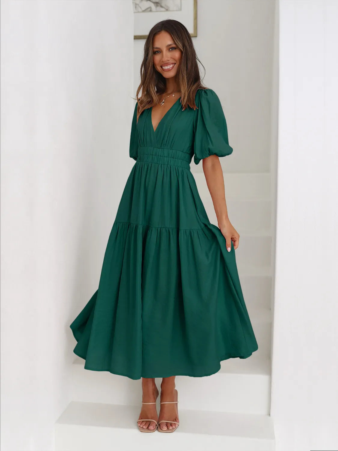 Tiered Surplice Half Sleeve Midi Dress - kinko