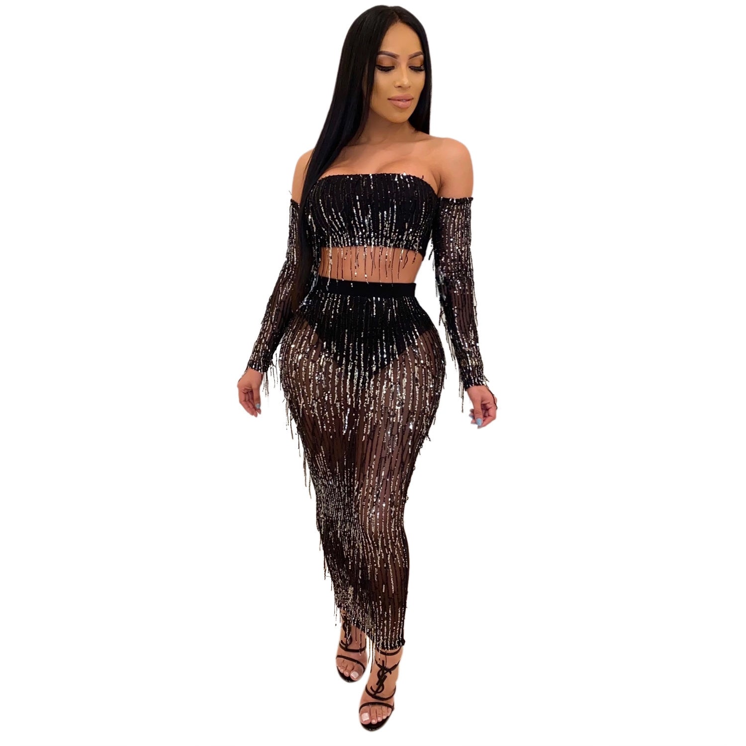 Fashion Sexy See-through Mesh Sequins Tassel Two-piece Set - kinko
