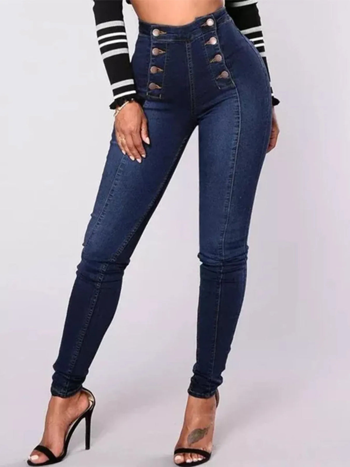 Full Size High-Waisted Double-Breasted Skinny Jeans Plus Size - kinko