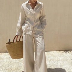 Women's Summer Solid Color Pleated Shirt And Wide Leg Pants - kinko