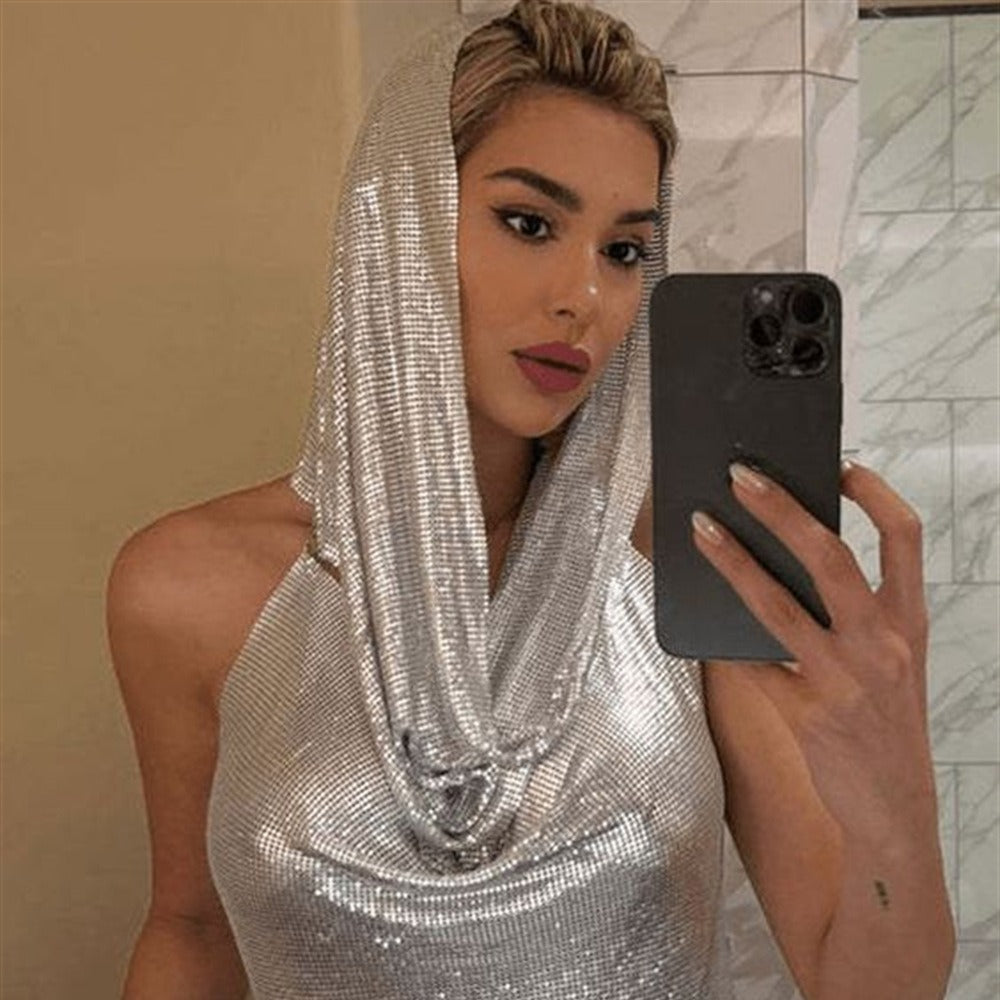 Back Slit Metal Sequins Top Scarf Two-piece Set - kinko
