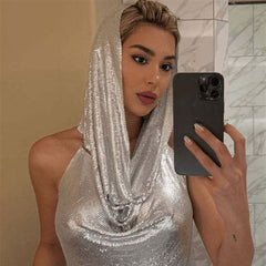 Back Slit Metal Sequins Top Scarf Two-piece Set - kinko