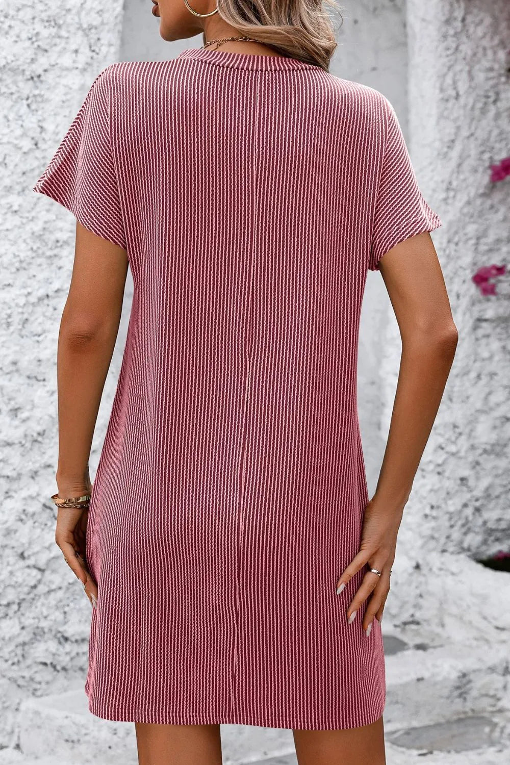 Mandy Ribbed Striped Short Sleeve Mini Tee Dress - kinko