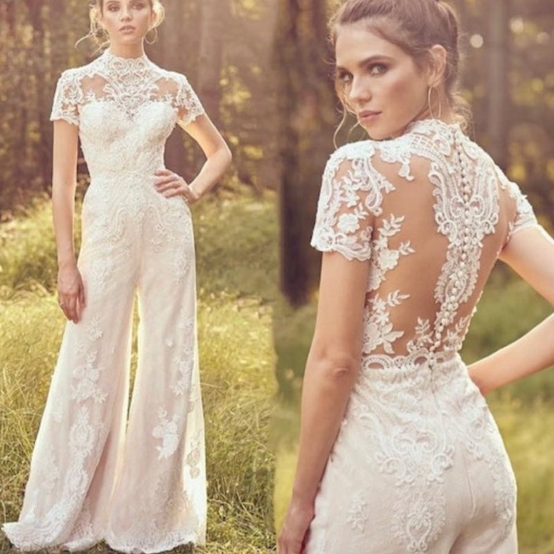 Bride Pants Suit Wedding Bridal Gowns Short Sleeve Jumpsuit - kinko