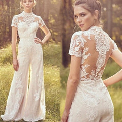 Bride Pants Suit Wedding Bridal Gowns Short Sleeve Jumpsuit - kinko