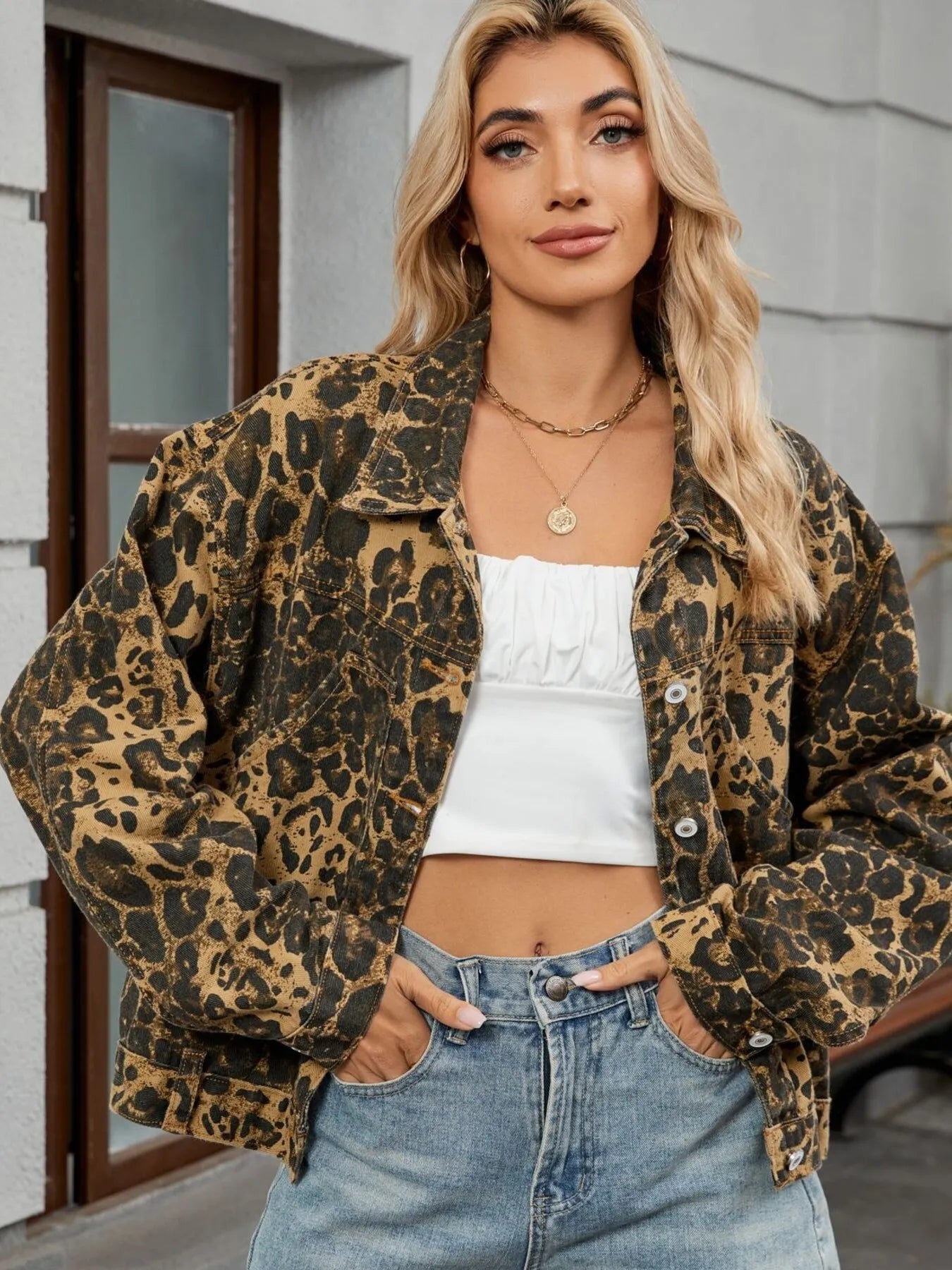 Leopard Print Button Up Denim Jacket - kinko
