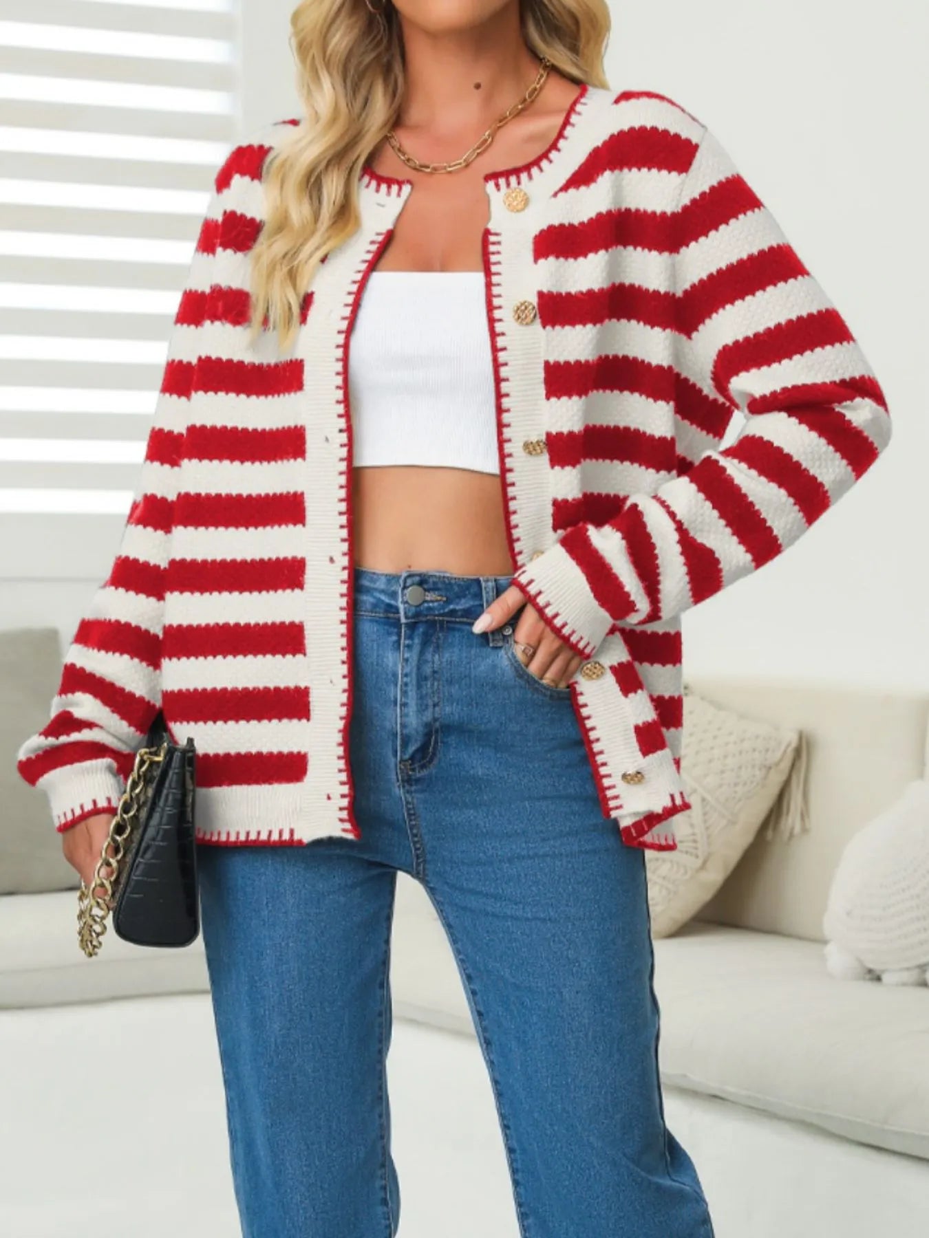 Button Down Striped Long Sleeve Cardigan - kinko