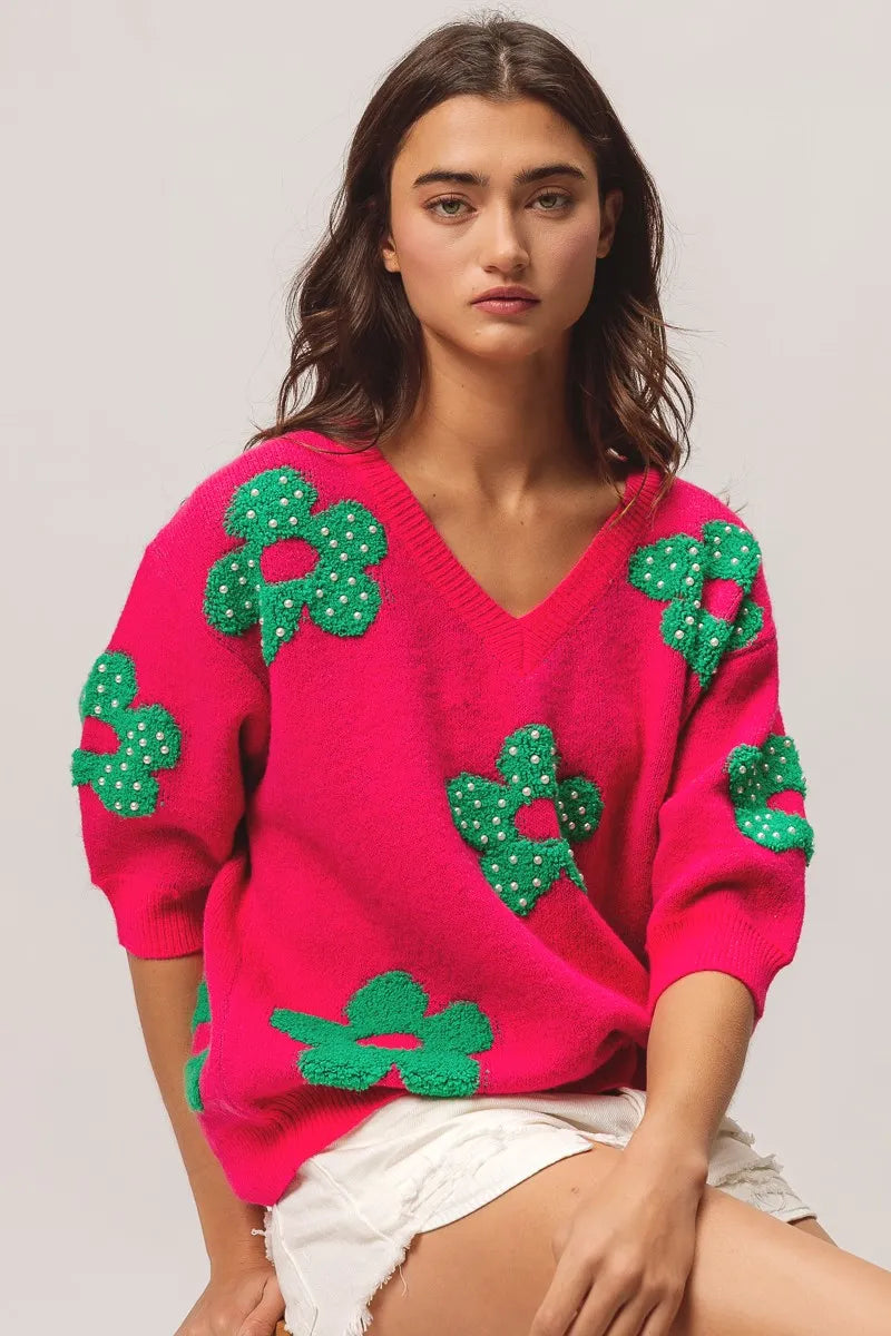 BiBi Pearl Beads Flowers Sweater Top - kinko