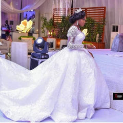 Lace African Wedding Dress Long Sleeves Round Neck Big Tail Tutu Skirt - kinko