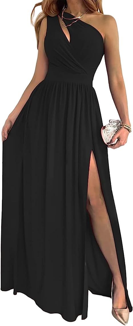 Women's One Shoulder High Split Cutout Sleeveless Elegant Sexy Cocktail Maxi Dress - kinko
