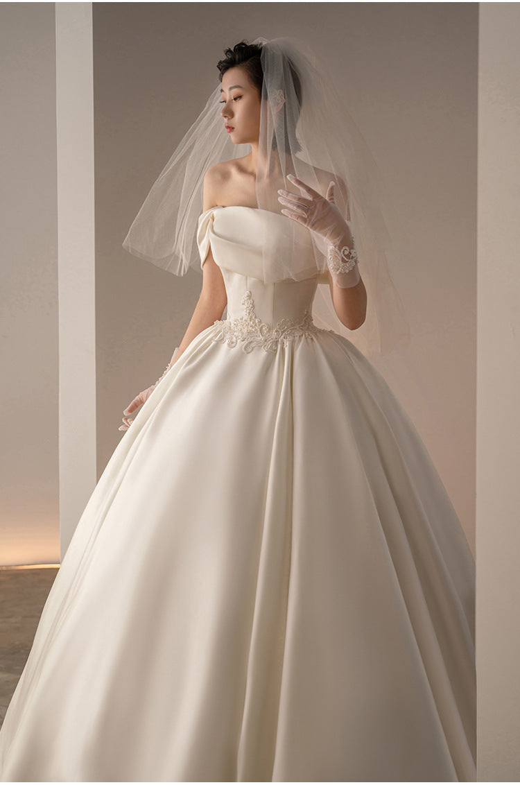 Women's Satin Off-shoulder Retro Fashion Trailing Wedding Dress - kinko