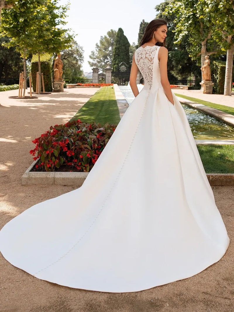 French Retro Lace Advanced Texture Satin Slim Bridal Simple Elegant Trailing Wedding Dress - kinko