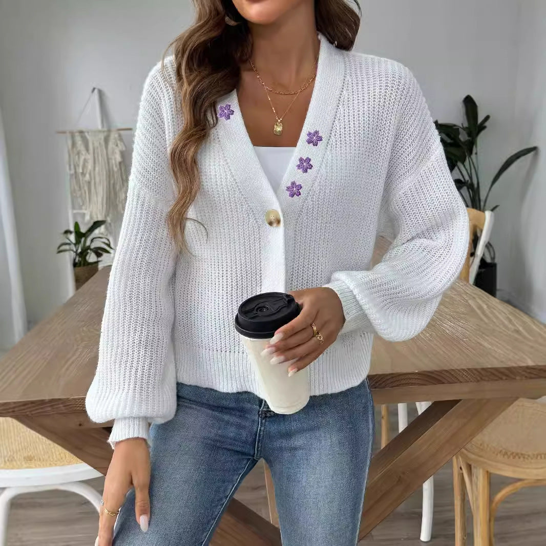 Embroidered Stickers Short Button Coat Sweater Cardigan - kinko