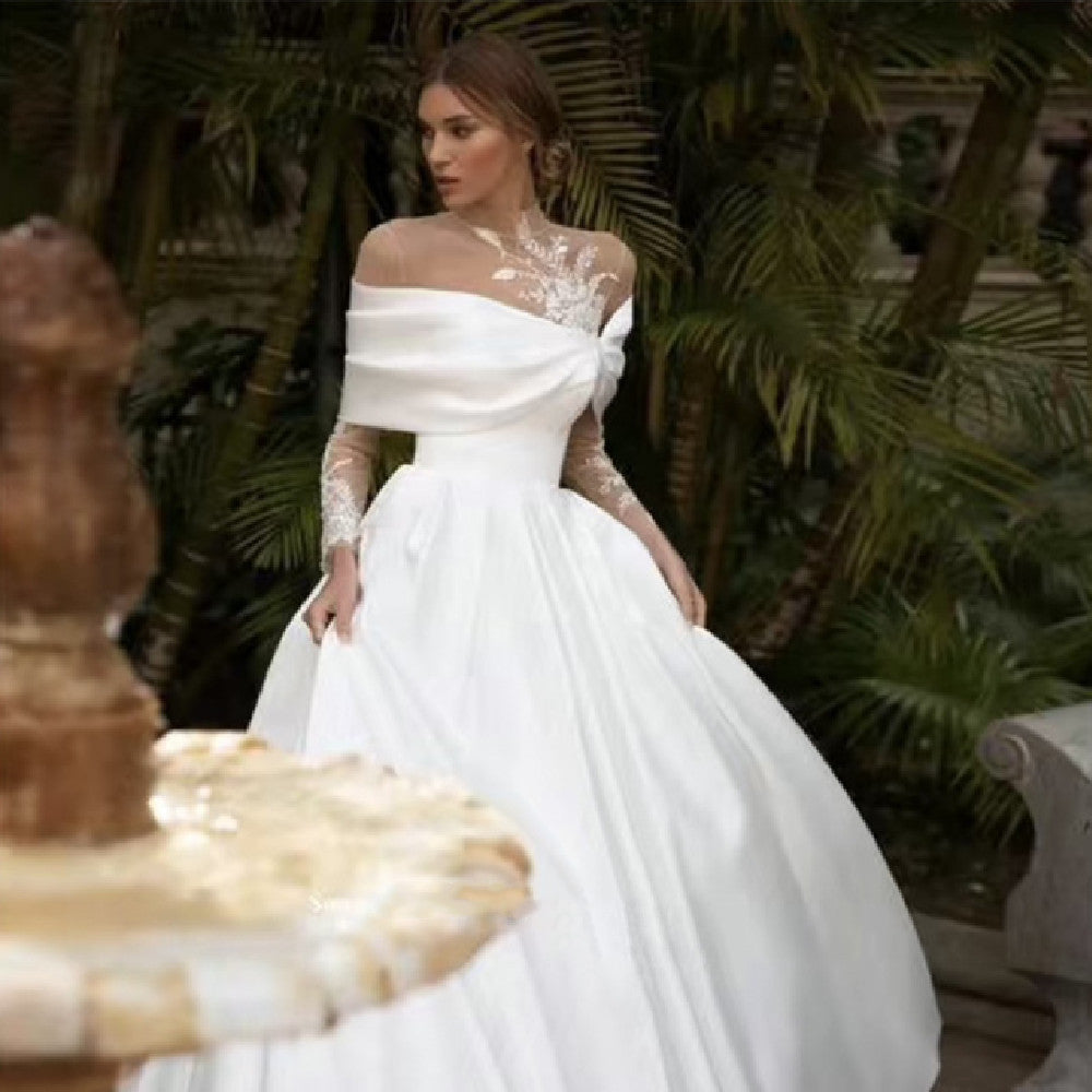 Raglan Sleeve Long Sleeve White Tutu Skirt Satin Wedding Dress - kinko