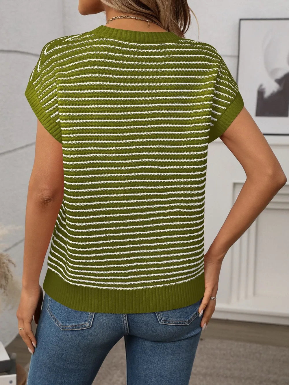 Striped Round Neck Short Sleeve Knit Top - kinko
