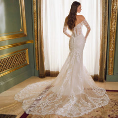 Off-shoulder Lace Long Sleeve Fishtail Gown - kinko