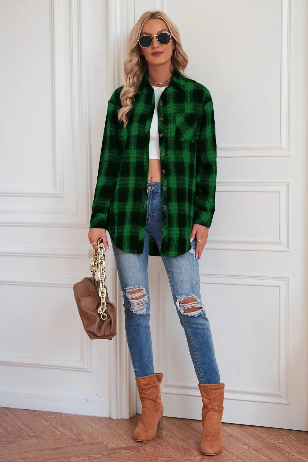Plaid Button Up Dropped Shoulder Outerwear - kinko
