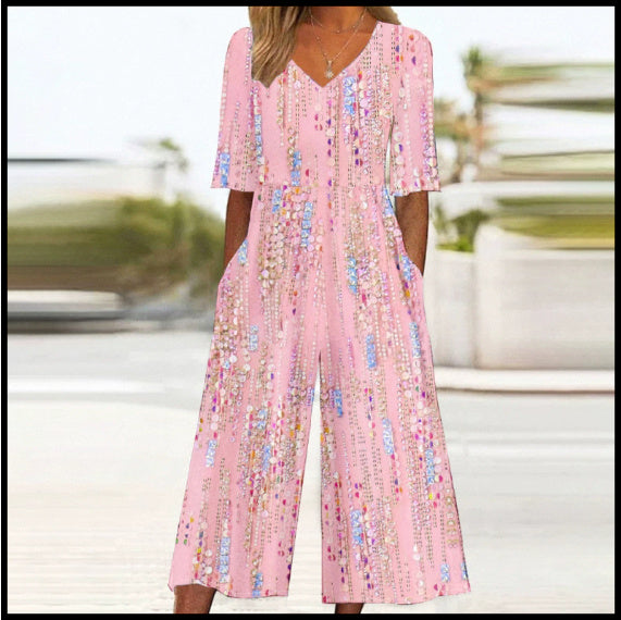 Spring And Summer Print Women's Pocket Collar Jumpsuit - kinko