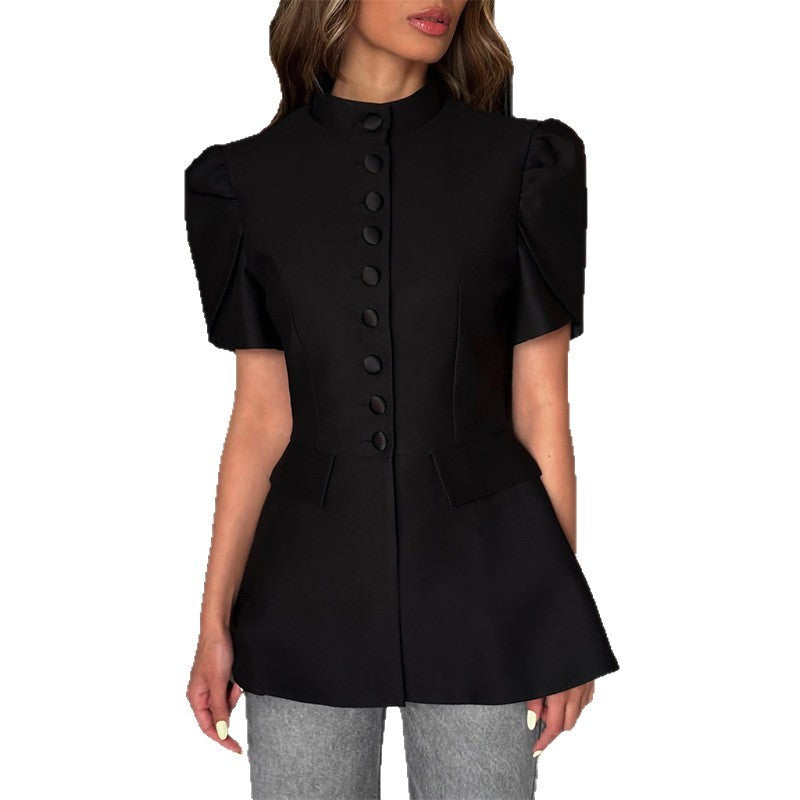 Stand Collar Single-breasted High-waist Blouse - kinko