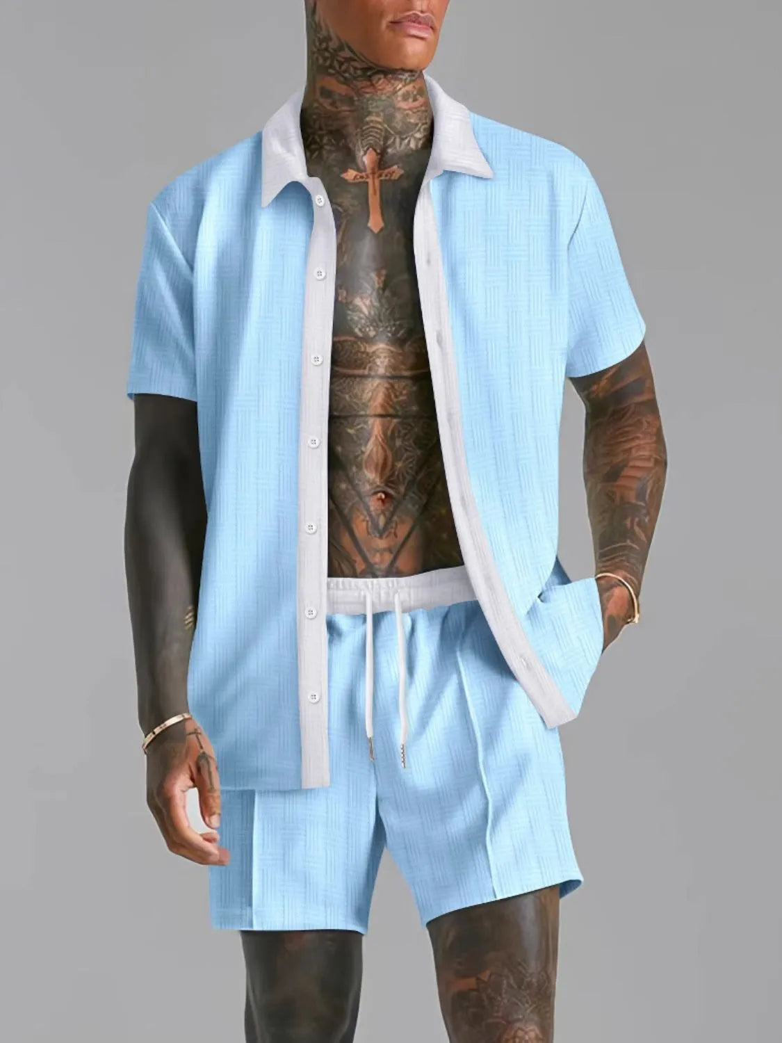 Men's Full Size Collared Neck Short Sleeve Top and Shorts Set Plus Size - kinko