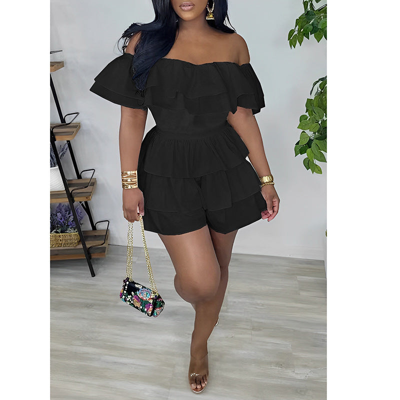 Womens Sexy Off Shoulder Rompers Summer Ruffle Short Sleeve Tiered Short Jumpsuits - kinko