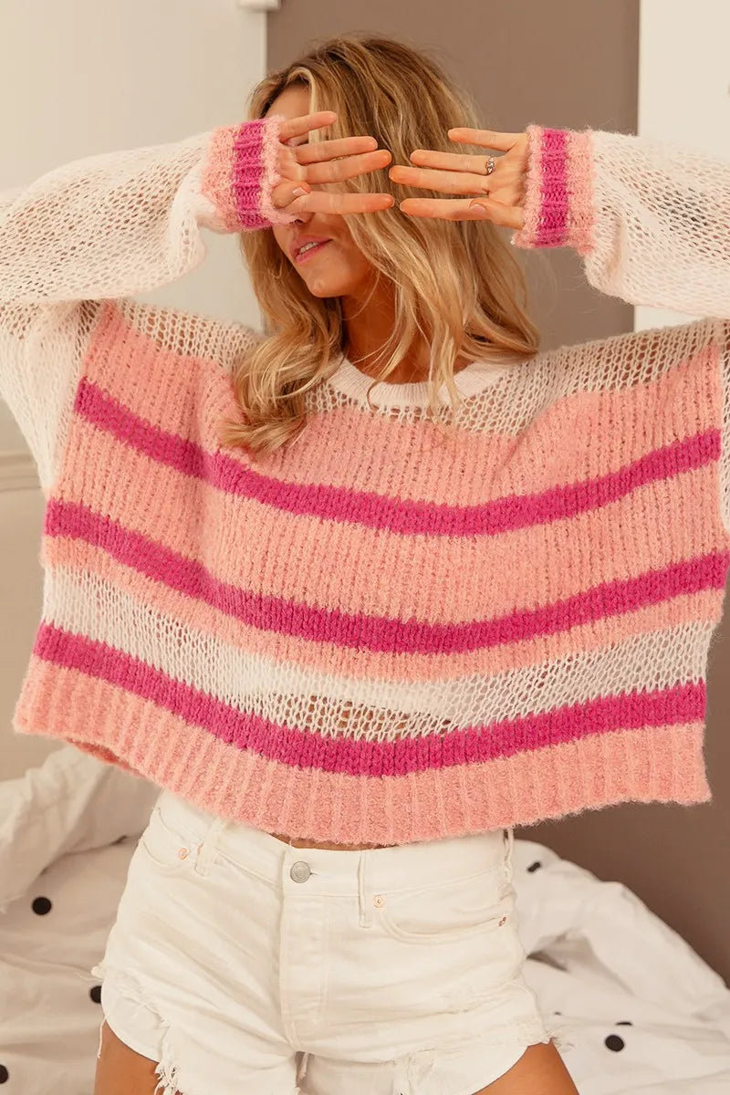 BiBi Hollow Out Yoke Detail Striped Sweater - kinko