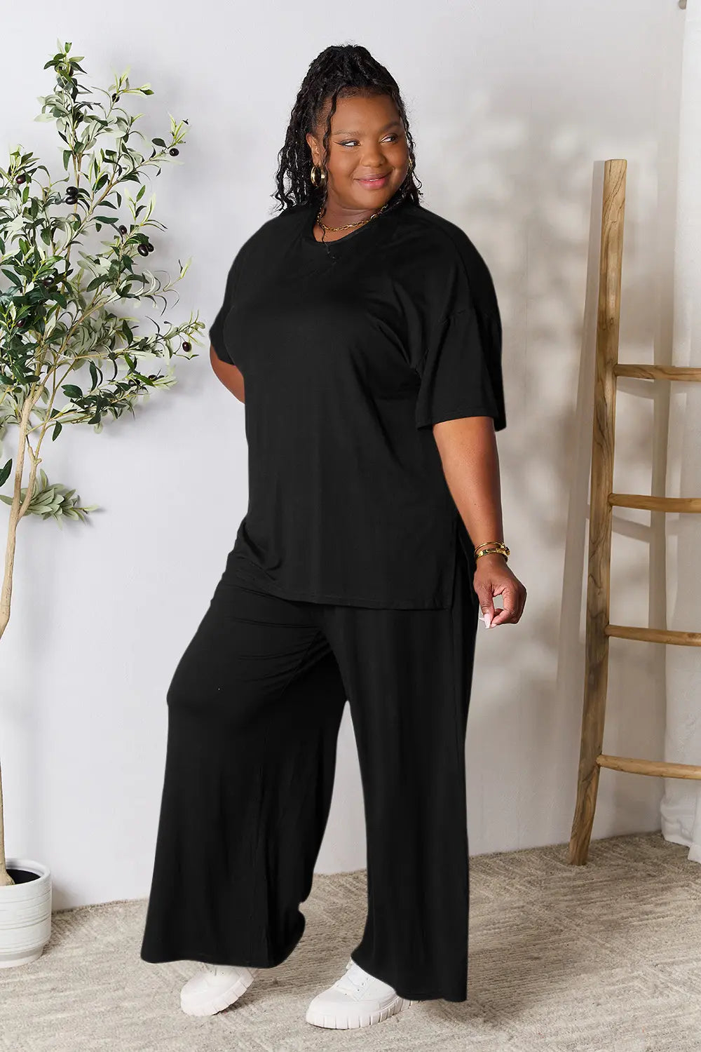Double Take Full Size Round Neck Slit Top and Pants Set - kinko