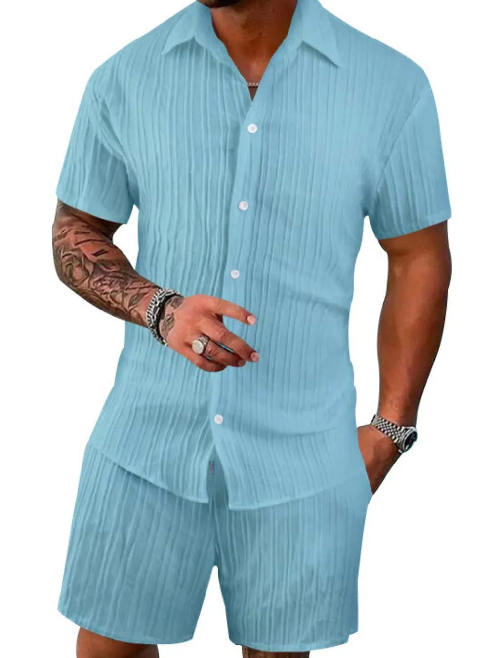 Men's Full Size Button Down Short Sleeve Shirt and Shorts Set Plus Size - kinko