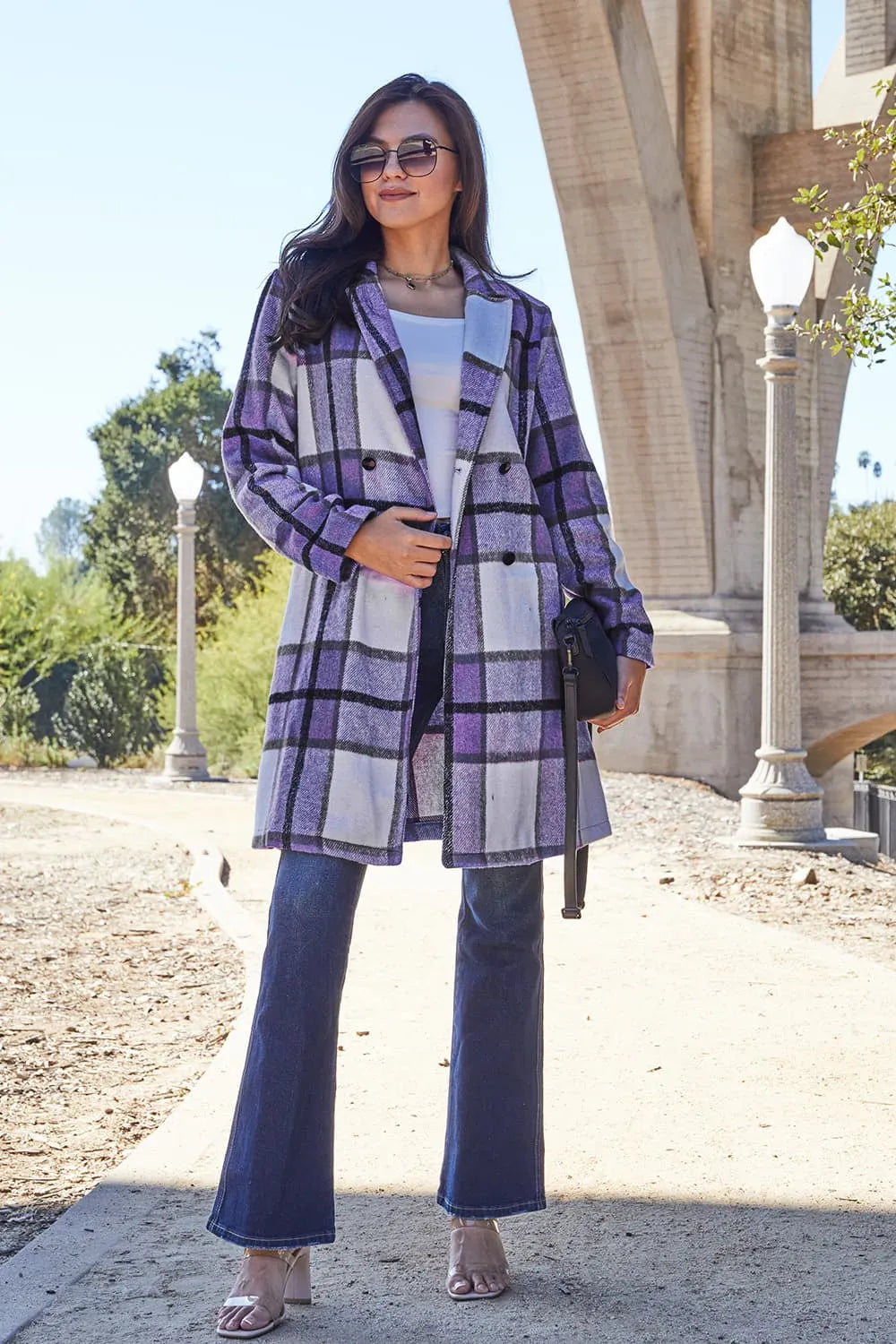 Double Take Full Size Plaid Button Up Lapel Collar Coat - kinko