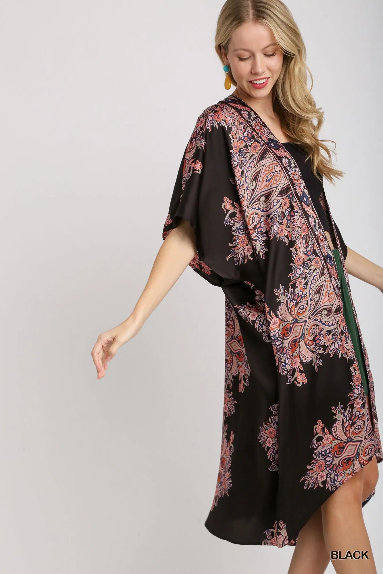Umgee Satin Border Print Short Sleeve Open Front Kimono - kinko