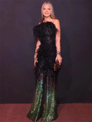 Ostrich Feather Gradient Sequin Tube Top Jumpsuit - kinko