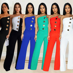 European And American Fashion Women's Wear Sleeveless Button Jumpsuit Trousers - kinko
