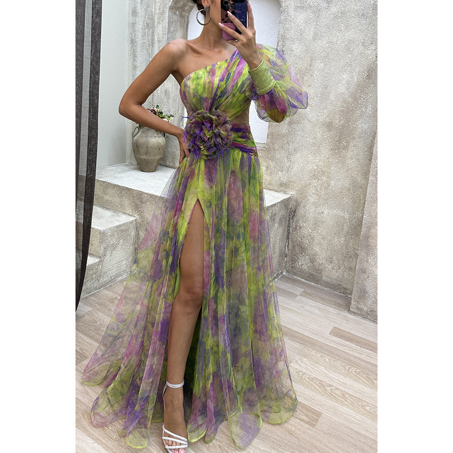 New Party Mesh Slanted Shoulder Dress INS Casual And Fashionable Women's Long Skirt - kinko
