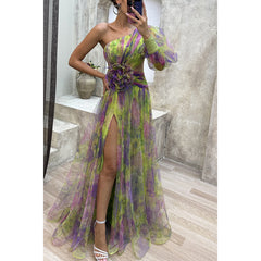 New Party Mesh Slanted Shoulder Dress INS Casual And Fashionable Women's Long Skirt - kinko