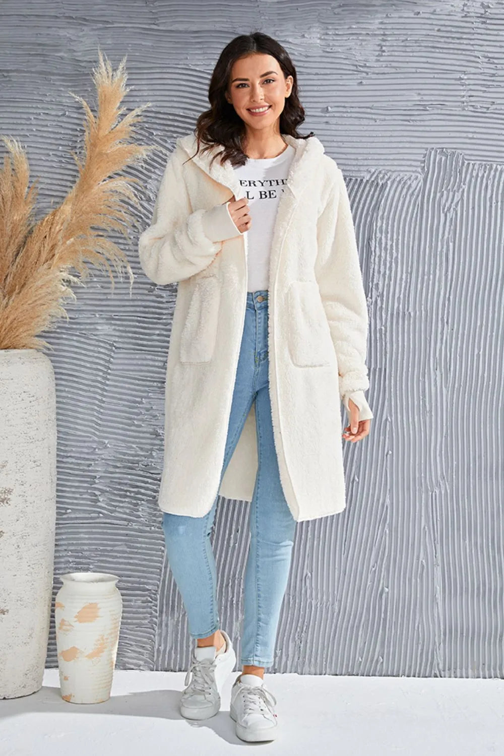 Double Take Full Size Hooded Teddy Bear Jacket with Thumbholes - kinko