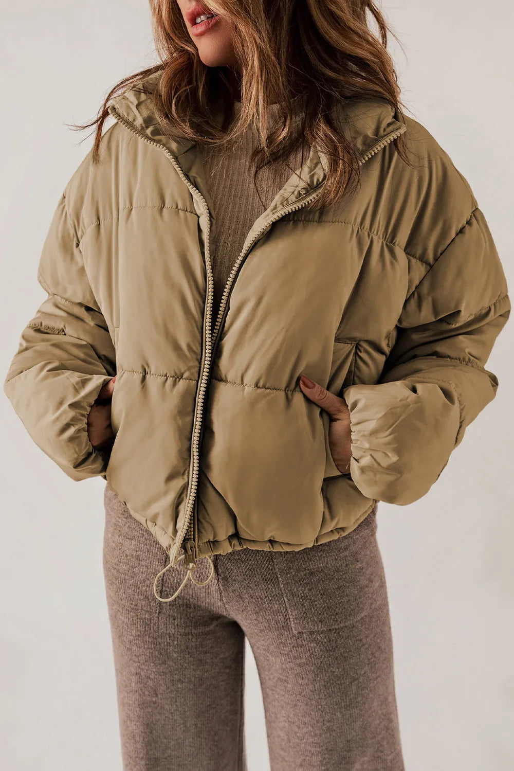 Zip Up Collared Neck Long Sleeve Winter Coat - kinko