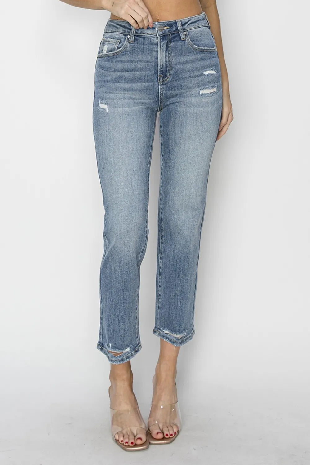 RISEN Full Size High Waist Distressed Cropped Jeans - kinko