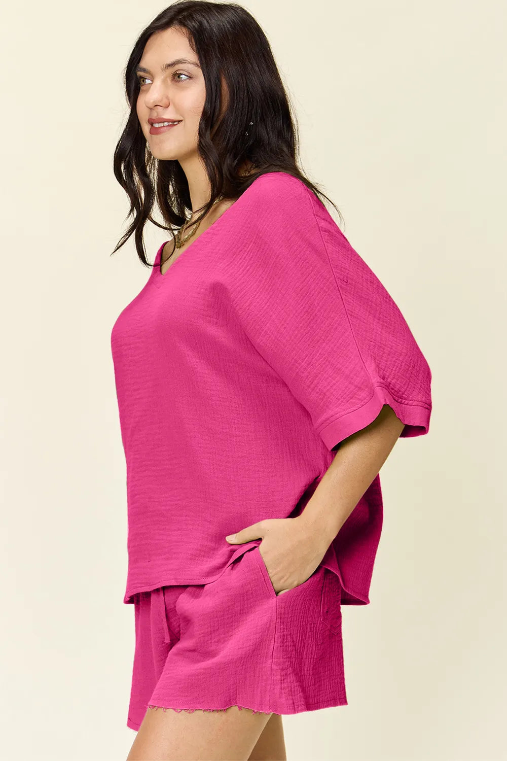 Double Take Texture Half Sleeve T-Shirt and Drawstring Shorts Set - kinko