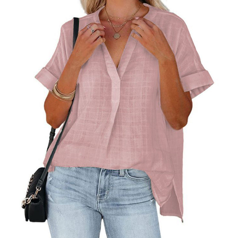 Women's Short Sleeve Thin V-neck Pullover Loose Shirt - kinko
