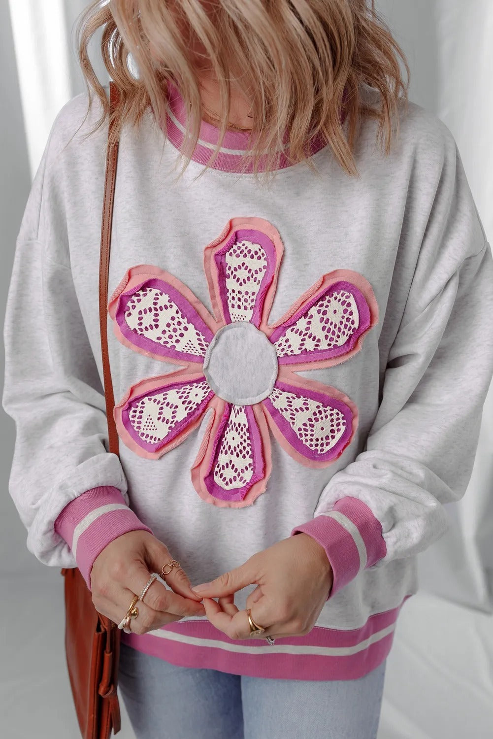 Gray Flower Patch Contrast Trim Crew Neck Sweatshirt - kinko