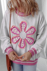 Gray Flower Patch Contrast Trim Crew Neck Sweatshirt - kinko