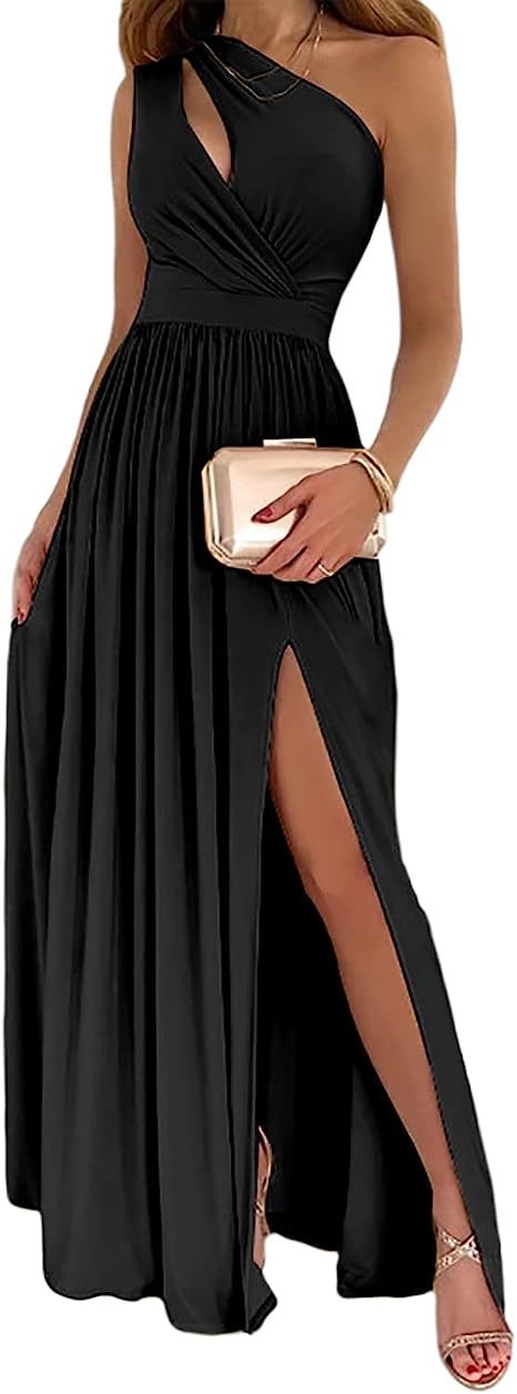 Women's One Shoulder High Split Cutout Sleeveless Elegant Sexy Cocktail Maxi Dress - kinko