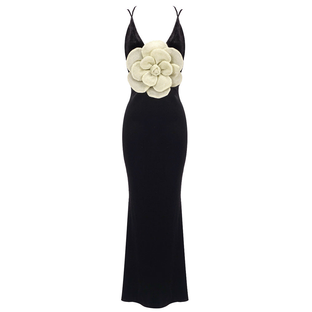 Black Camisole Backless Slim Fit Golden Flower Dress - kinko