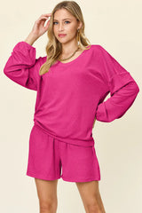 Double Take Full Size Texture V-Neck Long Sleeve T-Shirt and Shorts Set - kinko