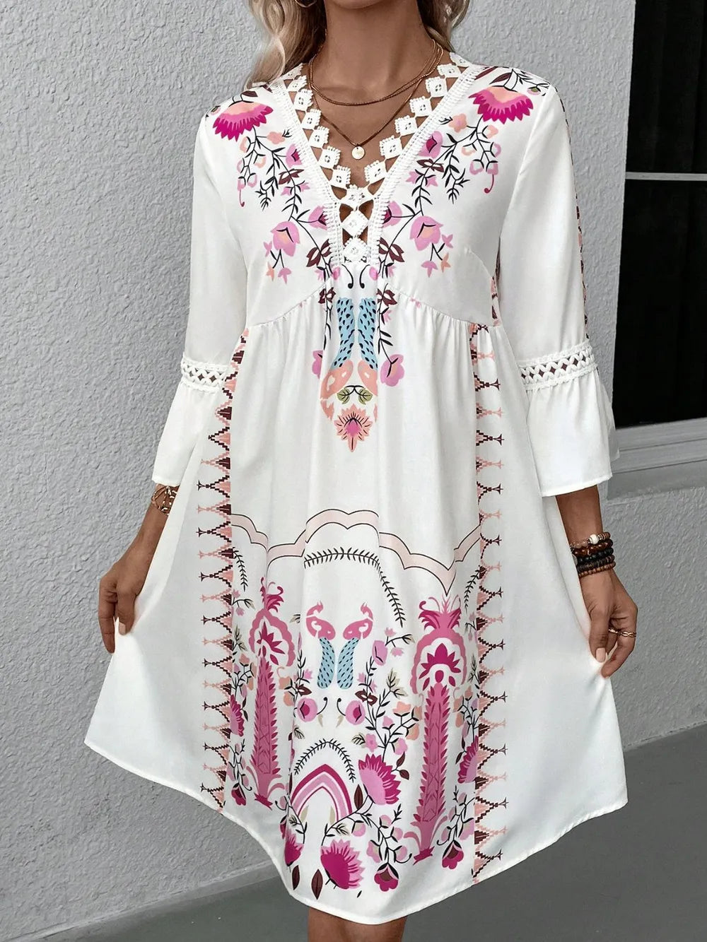 Lace Detail Printed Three-Quarter Sleeve Dress - kinko