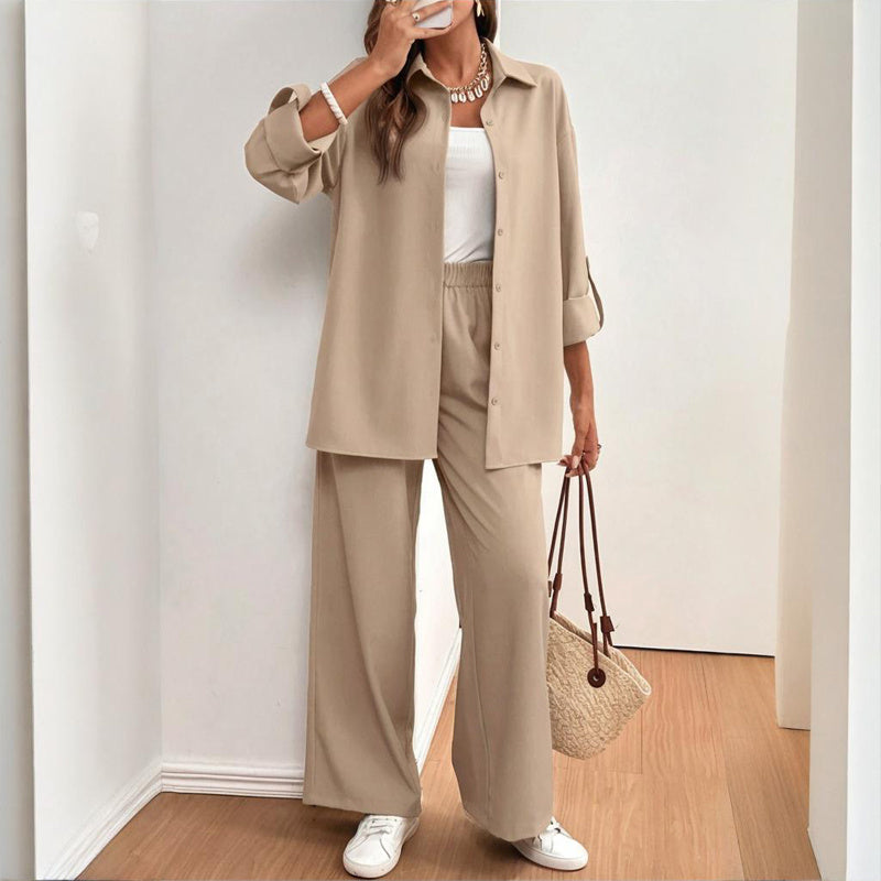 Women's Solid Color Shirt & Pants Set - Long Sleeve Button-Down Top With Elastic Waist Straight Pants Minimalist Casual Outfit - kinko