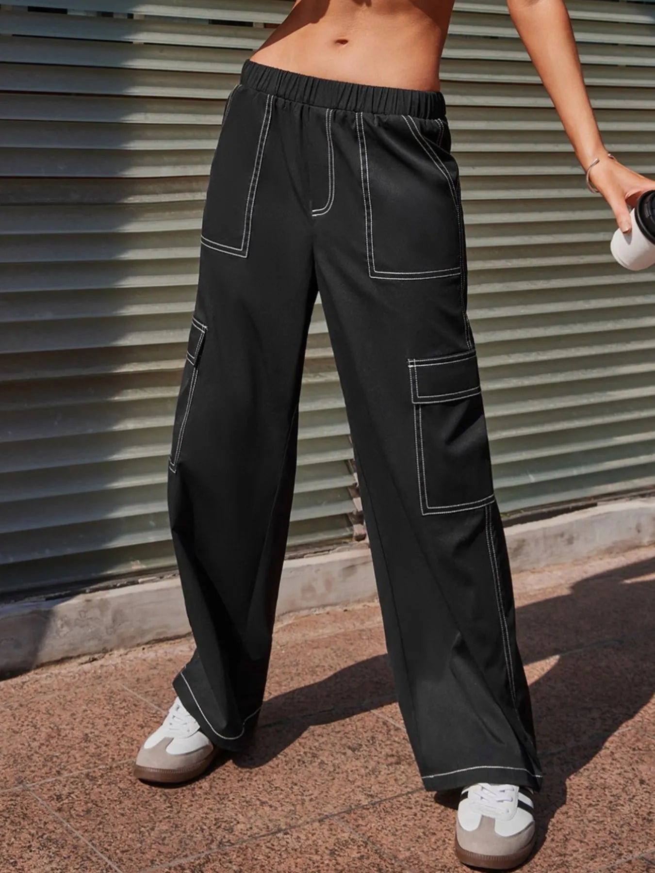 Wide Leg Pants with Contrast Stitching - kinko
