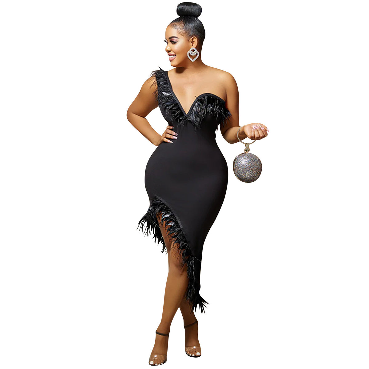 V-neck Sleeveless Chest Feather Irregular Midi Dress - kinko
